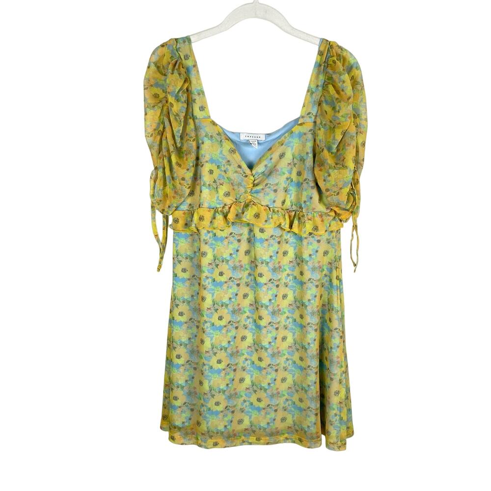Topshop Neon Floral Print Ruffle Mesh Mini Tea Dress Size 12 Green